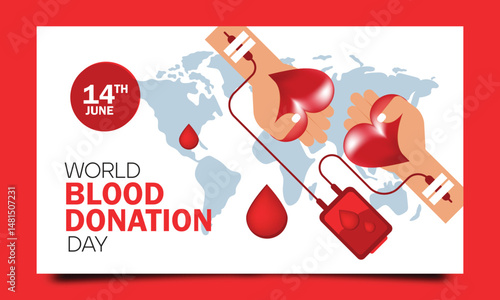 14th June world blood donor day celebration banner, social media post with blood transfusing from one hand to another hand
