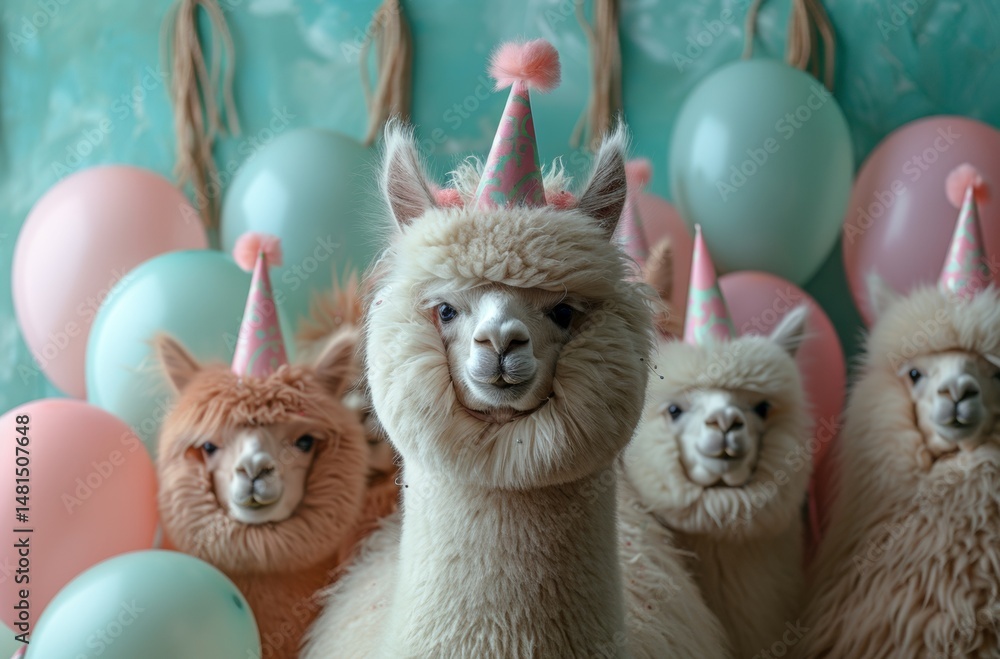 Fototapeta premium Easter eggs with bunny and chicken surrounded by cute furry alpacas on the farm