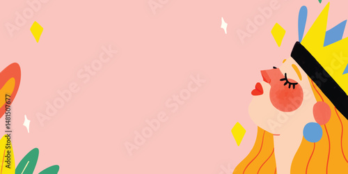 An illustration of a radiant queen in a crown with closed eyes looking upward, symbolizing aspirations and royal dreams.
