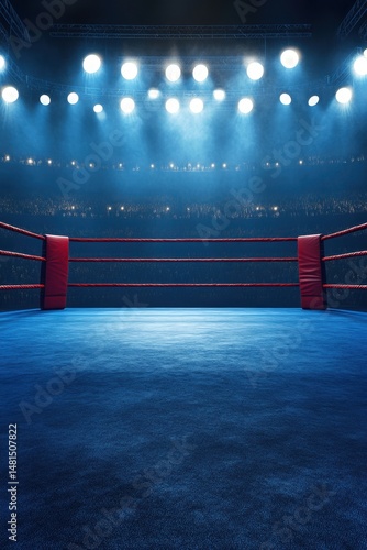 Boxing Ring Arena View from the Floor with Red Ropes and Corner Pads Under Bright Lights in a Stadium Full of Spectators