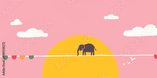 An adorable elephant silhouette strides along a tightrope, gracefully balancing against a stunning sunset backdrop, while playful clouds and fluttering flags add to the whimsical charm.