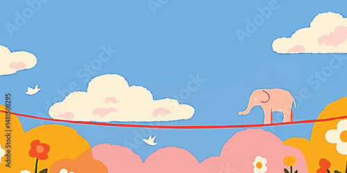 A whimsical cartoon depiction of an elephant walking a tightrope in a surreal and playful illustrated scene. The scene features a vibrant color palette and a charming atmosphere.