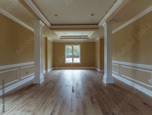 Empty room interior with wood floor in new home construction, eye level perspective, neutral walls, white trim and columns
