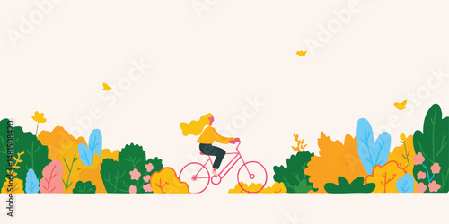 A woman rides a pink bicycle through a colorful landscape, embodying freedom and joy. The scene is filled with vibrant flora, capturing the essence of a leisurely outdoor activity.