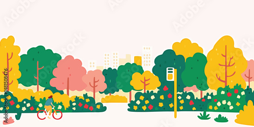 A vibrant illustration of a cyclist navigating a picturesque park, surrounded by lush trees and flowers, evoking a sense of leisurely outdoor activity and harmony with nature.