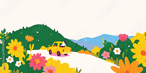 Yellow car driving on a scenic road surrounded by vibrant flowers and mountains.