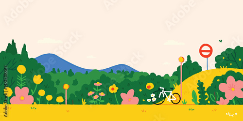 An idyllic scene of a bicycle rolling through a scenic trail, wildflowers and shrubbery in full bloom framing the path. The artwork captures the essence of outdoor activity and nature's beauty.