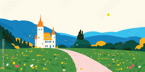 A storybook castle with a pathway, standing proudly against a landscape that features a vibrant meadow, promising peace and magic for any adventure. 