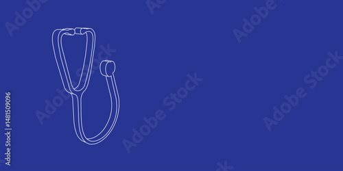 The outline of a large stethoscope symbol made of white lines on the left. 3D view of the object in perspective. Vector illustration on indigo background