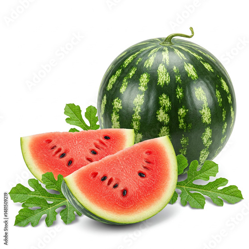 Two fresh watermelons with green leaves on a white background ,slice of watermelon on white