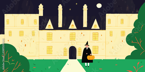 A mysterious, nocturnal scene unfolds as a person, cloaked and carrying a lantern, approaches a grand building beneath a star-studded night sky, the whole image bathed in soft, inviting light.