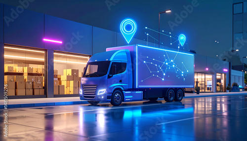 Futuristic delivery truck with gps tracking urban night scene digital technology logistics