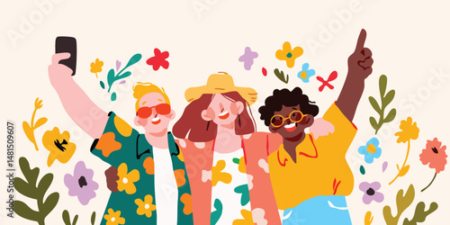 Three vibrant individuals, embracing and radiating joy, pause amidst a cascade of floral blooms, capturing a cheerful memory.