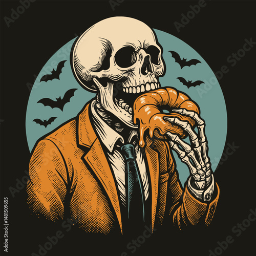 Skeleton Eating Donut in Business Suit with Bats Silhouette Design