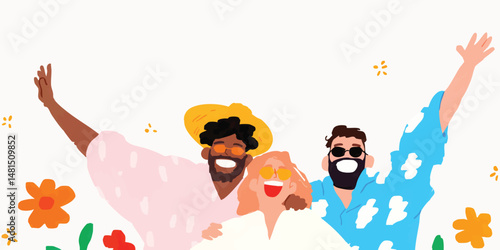 A vibrant illustration portrays a trio of friends, radiating pure joy and camaraderie under the warm glow of the summer sun. A floral design adds freshness and vitality.