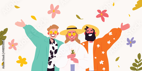 A radiant scene of carefree friends celebrating joyfully amidst a flurry of colorful floral petals. Capturing the spirit of togetherness, friendship and summer.