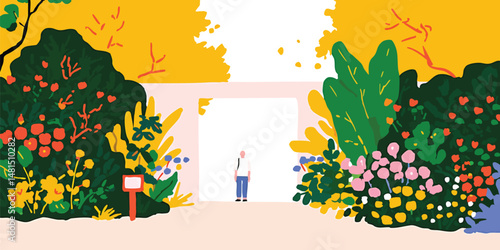 A person standing before a gateway flanked by vibrant, stylized flora, bathed in warm sunlight. The image evokes a sense of serene contemplation and exploration.