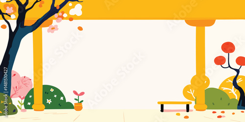 A whimsical illustration of a Japanese garden with vibrant colors and abstract designs, featuring a cherry blossom tree, a bench, and an empty space for your text.