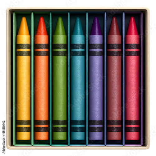 Colorful Crayon Set in Box: A vibrant assortment of crayons nestled within a rectangular box, presenting a spectrum of colors with rich saturation and meticulous detail. photo