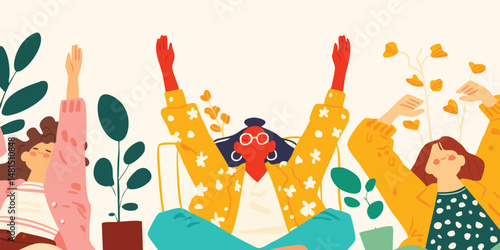 Three cheerful women, immersed in a moment of celebration, surrounded by blossoming plants. An illustration of carefree female joy.