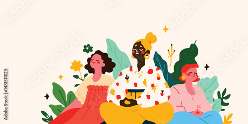 Three diverse women sit together, bathed in the tranquility of nature, surrounded by lush foliage and delicate flowers. This illustration showcases the bonds of friendship.