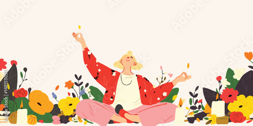 An illustrated woman finds inner peace in a garden oasis, embodying mindfulness and serenity. A creative digital illustration, a harmonious fusion of nature and mental wellness.