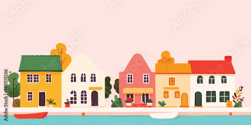 A charming row of colorful houses line a tranquil waterfront, offering a vibrant and inviting view. capturing the essence of quaint village life.