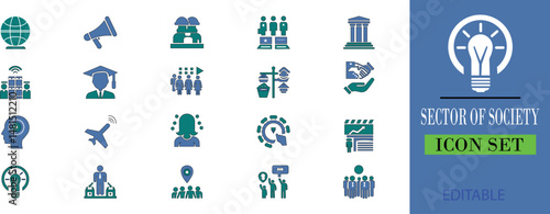 A sector of society icon set . A sector of society is a specific area of social activity—such as education, healthcare, business, or government—that plays a vital role in maintaining and developing 