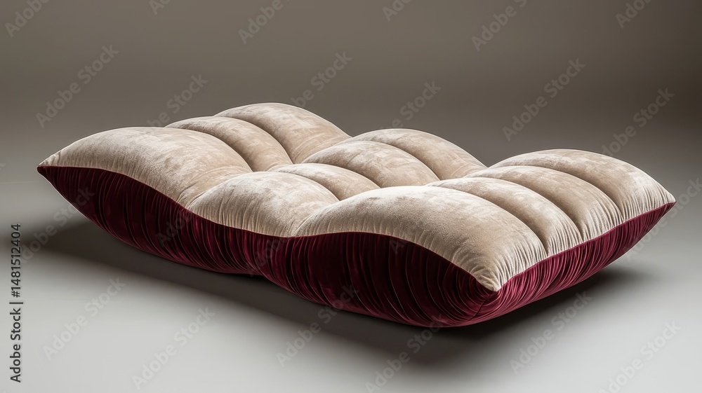 Obraz premium Luxurious plush sofa cushion in soft beige and rich burgundy, showcasing modern design and comfort, perfect for stylish home decor and relaxation.