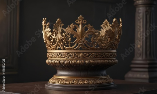 Gilt crown rests on dark, carved wooden pedestal  Intricate details shown ,  art,  heritage,  majestic