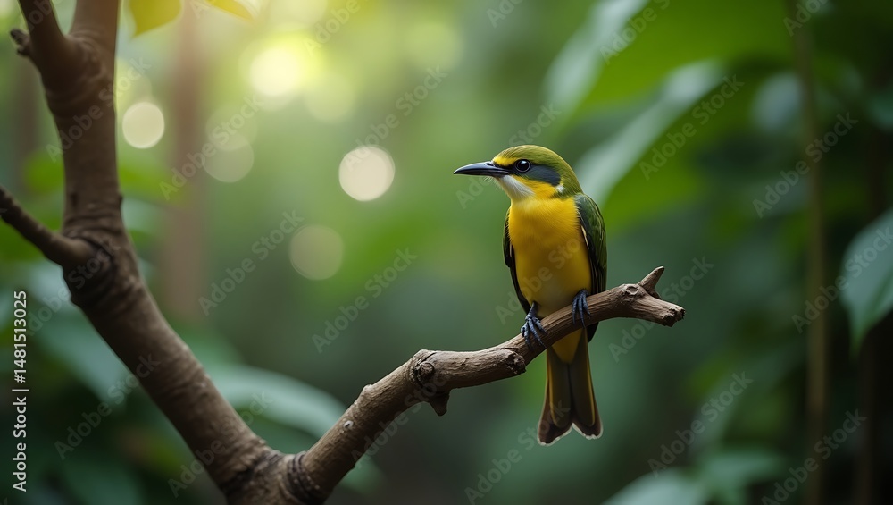 Obraz premium Yellow bird perched on branch in forest nature wildlife photography birdwatching avian species tropical bird