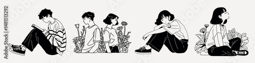Monochrome contemplative figures illustration, element vector set
