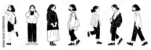 Stylish monochrome walking illustrations, element vector set