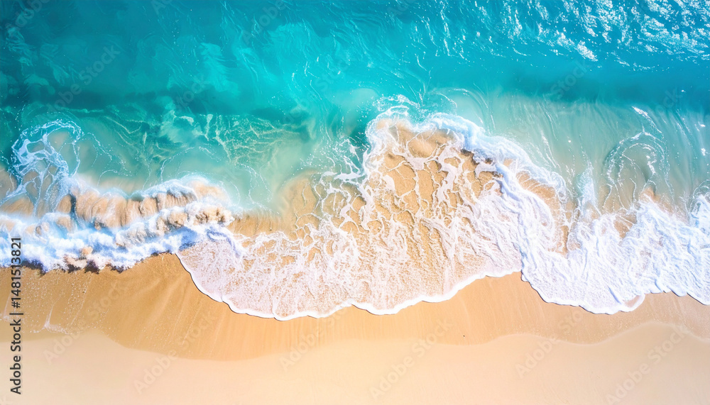 Fototapeta premium Waves crashing on sandy beach tropical paradise aerial view natural beauty coastal serenity