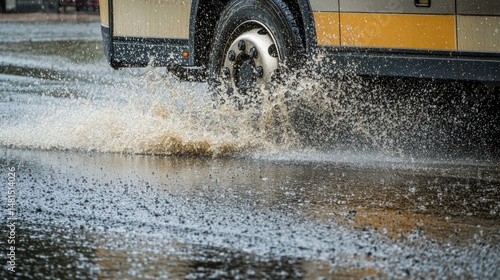City transport in rain: bus wheel splashes through water puddle wet road conditions create motion blur effect in street travel scene