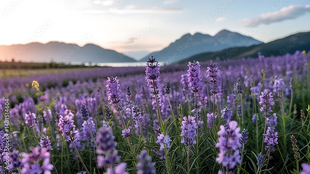 Fototapeta premium Scenic lavender field at sunset with mountains in the background landscape