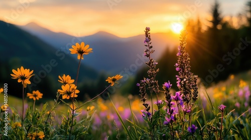 Beautiful sunset illuminating wildflowers and rolling mountain landscapes at dusk