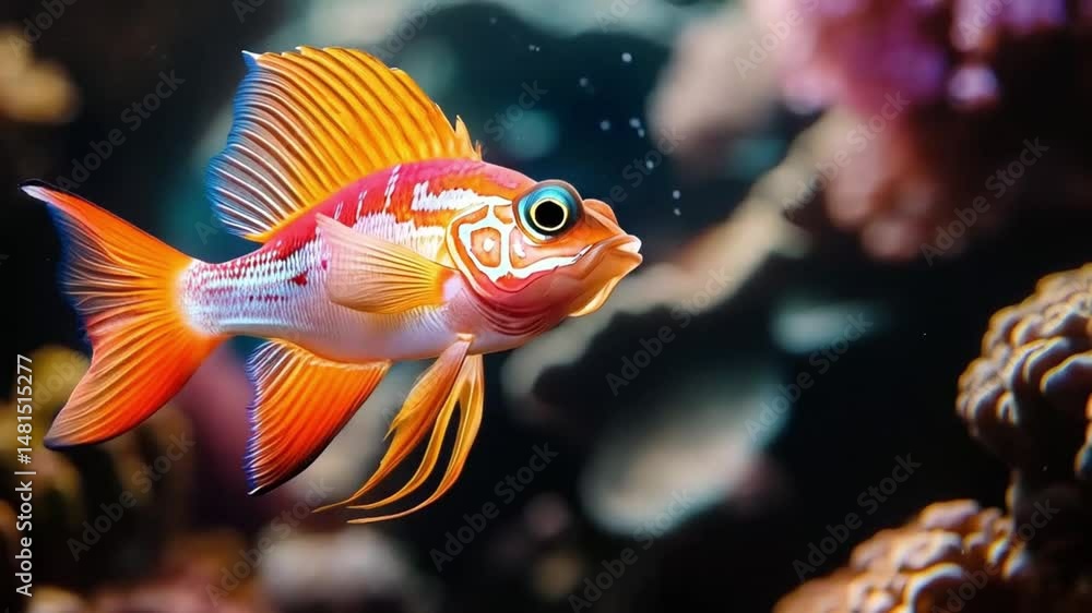 Stunning orange and red fish glides through vibrant underwater world Stunning orange and red fish glides through vibrant underwater world