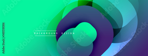 Abstract design features flowing shapes, vibrant turquoise, purple hues. Modern background suggests movement, energy, dynamic composition.