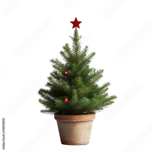 one Christmas tree in a pot with a red star on the top, isolated on white background