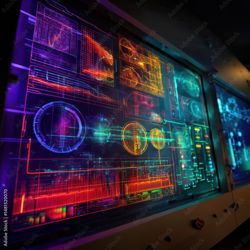 Obraz premium Cyber dashboard displaying complex data with vibrant lighting effects, powered by advanced visualization tools.