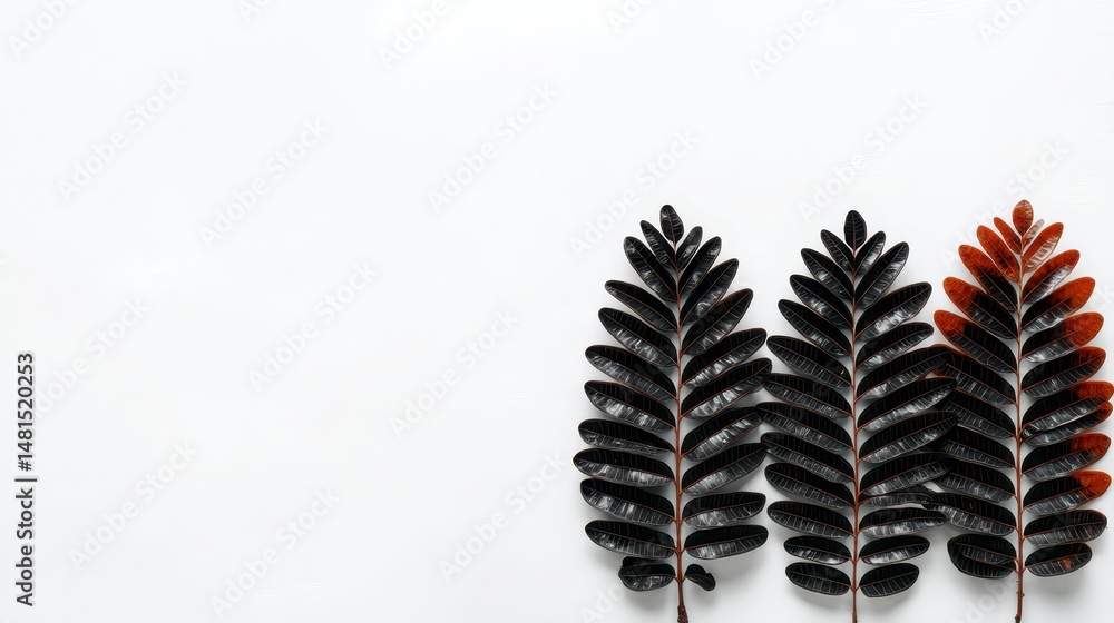 Fototapeta premium Minimalist Dark Leaves on White Botanical Flatlay Nature Photography