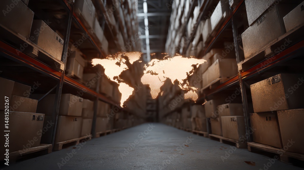 Obraz premium Global Logistics Warehouse Cargo Boxes World Map International Trade Shipping Distri