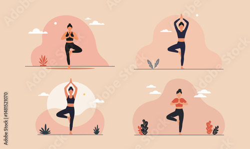 Minimalist Flat Design Yoga Tree Pose Illustration – Calm and Peaceful Style