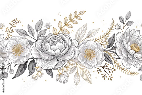 Elegant white and gold floral border for wedding invitations or stationery.