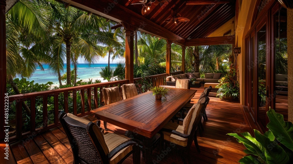 Obraz premium A luxurious outdoor dining area with ocean and palm tree views