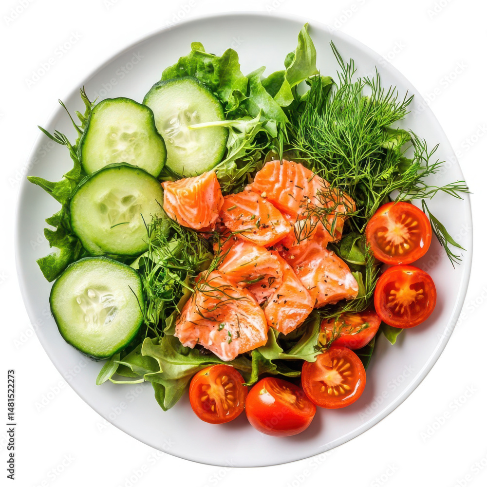 Salmon salad with fresh vegetables on plate on transparent background Salmon salad with fresh vegetables on plate on transparent background