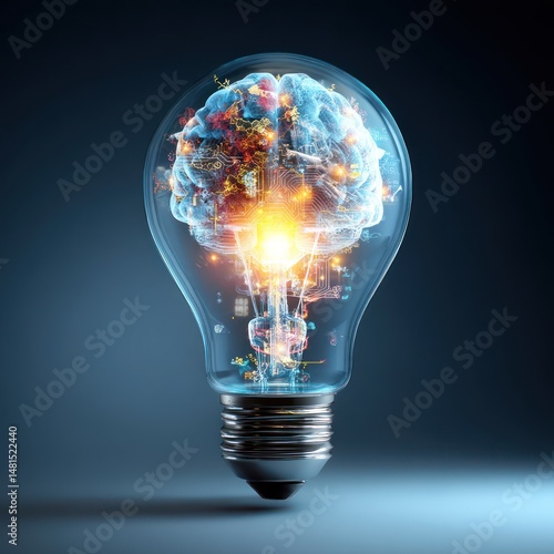 Visualization of creative brainstorming ideas with a glowing light bulb, powered by advanced tech tools.