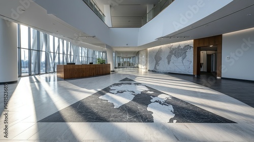 Modern office lobby with a world map floor design.