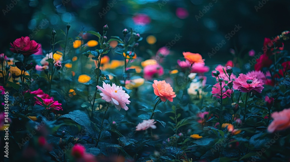 A vibrant colorful garden displaying blossoming flowers in sunlight A vibrant colorful garden displaying blossoming flowers in sunlight